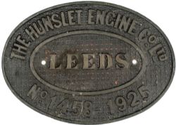 Worksplate THE HUNSLET ENGINE CO LEEDS No 1458 1925 ex 0-6-0 ST supplied to Yorkshire Electric Power