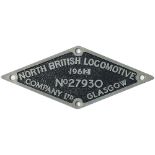 Diesel Worksplate NORTH BRITISH LOCOMOTIVE COMPANY LTD GLASGOW No 27930 1962 ex British Railways