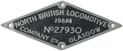 Diesel Worksplate NORTH BRITISH LOCOMOTIVE COMPANY LTD GLASGOW No 27930 1962 ex British Railways