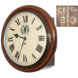 Cardiff Railway 12in oak cased chain driven fusee railway clock. The oak case with eight piece