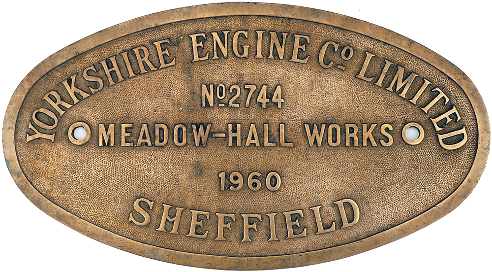 Worksplate YORKSHIRE ENGINE CO LIMITED MEADOW HALL WORKS SHEFFIELD No2744 1960 ex 0-6-0 Janus Diesel