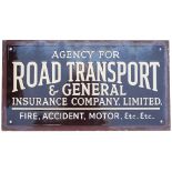 Advertising enamel sign AGENCY FOR ROAD TRANSPORT & GENERAL INSURANCE COMPANY LIMITED, FIRE,