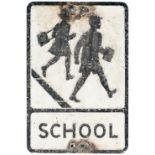 Road sign SCHOOL, pressed aluminium. In original condition measures 21in x 14in.