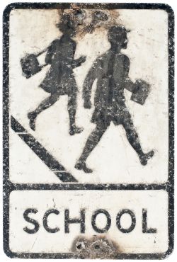 Road sign SCHOOL, pressed aluminium. In original condition measures 21in x 14in.