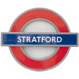 London Underground enamel target/bullseye sign STRATFORD. Cast aluminium frame with enamel