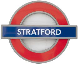 London Underground enamel target/bullseye sign STRATFORD. Cast aluminium frame with enamel