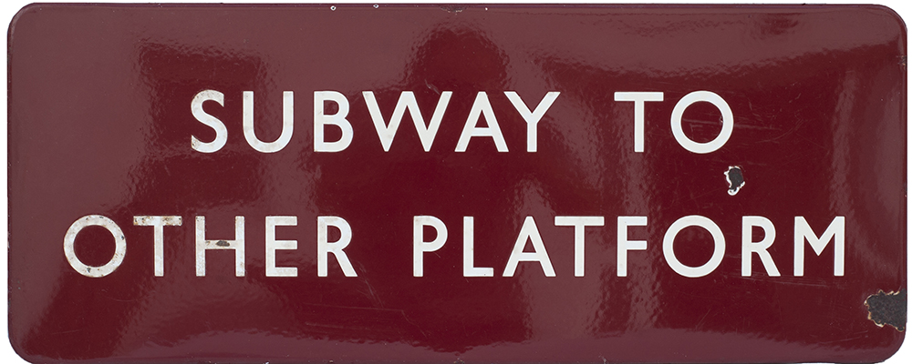 BR(M) FF enamel sign SUBWAY TO OTHER PLATFORM. In good condition with a couple of chips to the