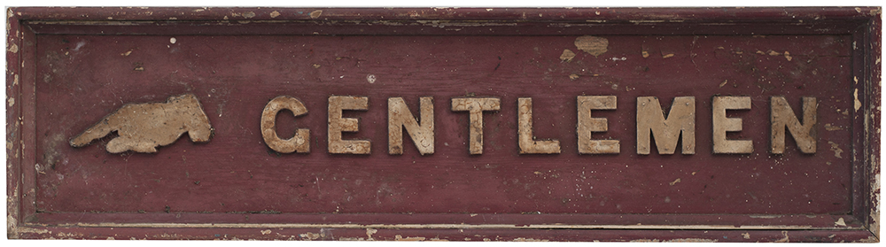 LNWR sign GENTLEMEN with pointing finger. Double sided wood with cast iron letters measures 45in x