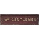 LNWR sign GENTLEMEN with pointing finger. Double sided wood with cast iron letters measures 45in x