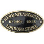 Worksplate KERR, STUART & CO LTD LONDON & STOKE No 2401 1915 ex 0-4-0 ST used at Llanelly Steel