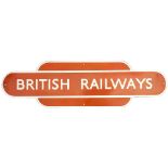 BR(NE) totem shaped enamel poster board heading BRITISH RAILWAYS measuring 20.5in x 5.75in. In