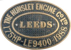 Diesel worksplate THE HUNSLET ENGINE CO LTD LEEDS 175HP No LE 9400 1988. Ex 20 tonne 900mm gauge