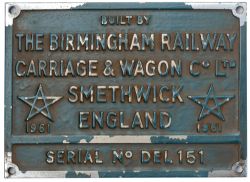 Worksplate BUILT BY THE BIRMINGHAM RAILWAY CARRIAGE & WAGON CO LTD SMETHWICK ENGLAND 1961 SERIAL
