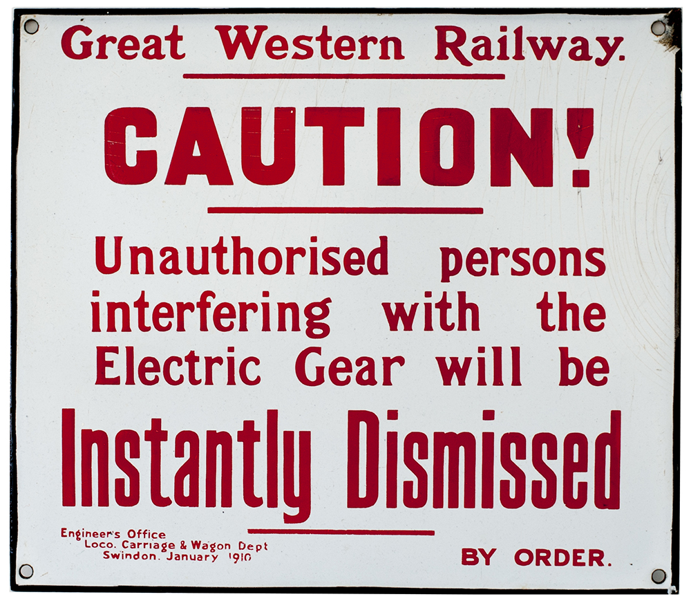 GWR Enamel. Great Western Railway. Caution Unauthorised persons interfering with the Electric Gear