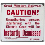 GWR Enamel. Great Western Railway. Caution Unauthorised persons interfering with the Electric Gear