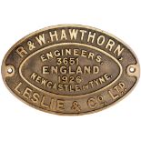 Worksplate R&W HAWTHORN LESLIE & CO LTD ENGINEERS NEWCASTLE-ON-TYNE 3651 1926 ex 0-4-0 ST supplied