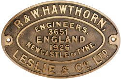 Worksplate R&W HAWTHORN LESLIE & CO LTD ENGINEERS NEWCASTLE-ON-TYNE 3651 1926 ex 0-4-0 ST supplied