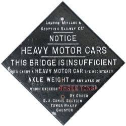 LMS cast iron BRIDGE RESTRICTION sign fully titled, complete with three ton plate, from the