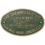 Worksplate THE DREWRY CAR CO LTD CITY WALL HOUSE LONDON E.C.2 LOCO No2617 204HP - 1957 ex British