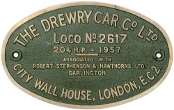 Worksplate THE DREWRY CAR CO LTD CITY WALL HOUSE LONDON E.C.2 LOCO No2617 204HP - 1957 ex British