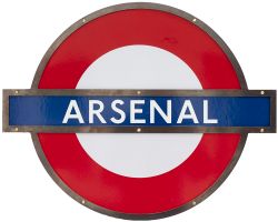 London Transport Underground enamel target/bullseye sign ARSENAL with original bronze frame. In
