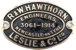 Worksplate R & W HAWTHORN, LESLIE & CO LTD ENGINEERS NEWCASTLE-ON-TYNE 3061 - 1914 ex Taff Vale