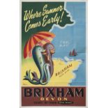 Poster BR(W) BRIXHAM DEVON WHERE SUMMER COMES EARLY by Parton 1967. Double Royal 25in x 40in. In