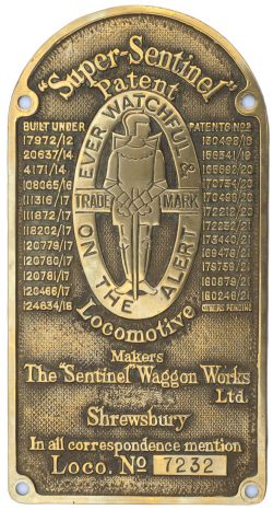 Worksplate SUPER SENTINEL PATENT LOCOMOTIVE LOCO No 7232 from a 0-4-0 locomotive. Built in 1927