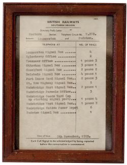 British Railways Southern Region signal box bell code notice dated 5th November 1959 for the section