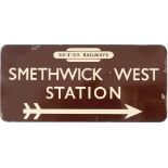 BR(W) FF station direction sign SMETHWICK WEST STATION with British Railways totem at the top and