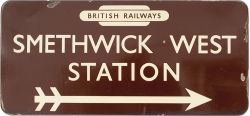 BR(W) FF station direction sign SMETHWICK WEST STATION with British Railways totem at the top and