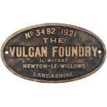 Worksplate THE VULCAN FOUNDRY LIMITED NEWTON-LE-WILLOWS LANCASHIRE No 3492 1921 ex Taff Vale Railway