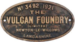 Worksplate THE VULCAN FOUNDRY LIMITED NEWTON-LE-WILLOWS LANCASHIRE No 3492 1921 ex Taff Vale Railway