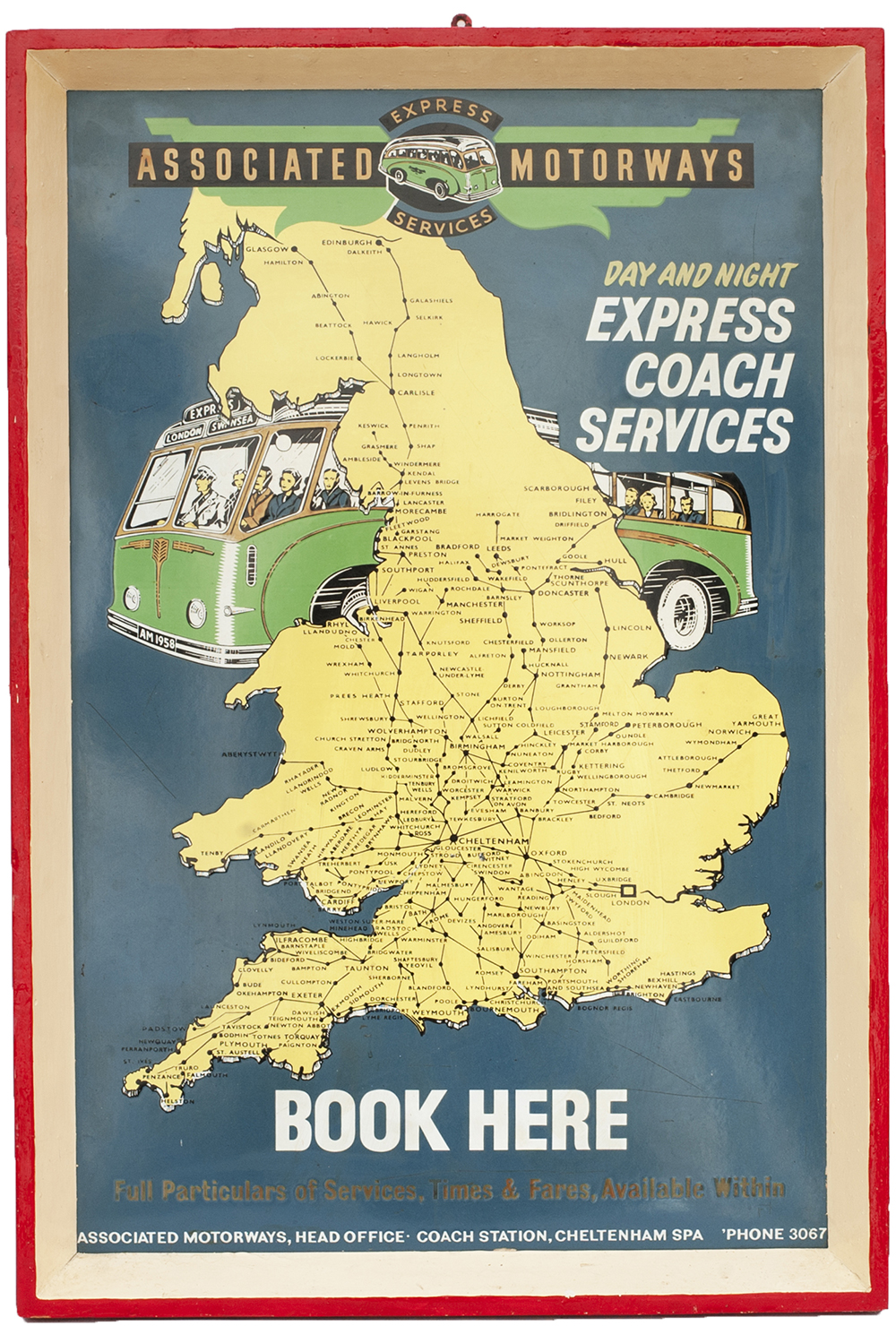 Bus motoring enamel sign ASSOCIATED MOTORWAYS DAY AND NIGHT EXPRESS COACH SERVICES. BOOK HERE