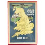 Bus motoring enamel sign ASSOCIATED MOTORWAYS DAY AND NIGHT EXPRESS COACH SERVICES. BOOK HERE