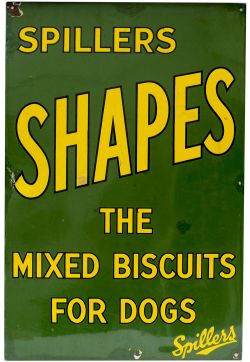 Advertising enamel sign SPILLERS SHAPES THE MIXED BISCUITS FOR DOGS. Measures 30in x 20in and is