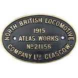 Worksplate NORTH BRITISH LOCOMOTIVE COMPANY LTD GLASGOW No 21156 1915 ex Taff Vale Railway Cameron A