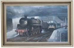 Original oil painting on board AYR STATION, by Gerald Broom with an atmospheric view of BR