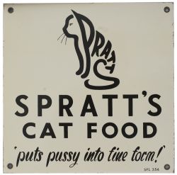 Advertising enamel sign SPRATT'S CAT FOOD PUTS PUSSY INTO FINE FORM. In virtually mint condition
