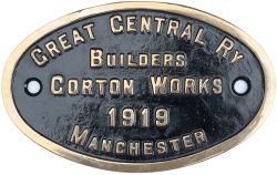 Worksplate GREAT CENTRAL RLY BUILDERS GORTON WORKS MANCHESTER 1919 possibly from GCR 4-4-0 11F