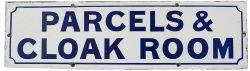 Great Central Railway enamel doorplate PARCELS & CLOAK ROOM. Measures 18in x 5in and is in very good