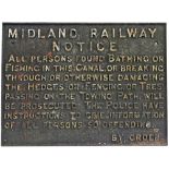 Midland Railway cast iron notice re ALL PERSONS FOUND BATHING OR FISHING IN THIS CANAL WILL BE
