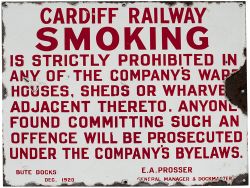 Cardiff Railway enamel sign re SMOKING IS PROHIBITED signed E. A. Prosser General Manager and Dock