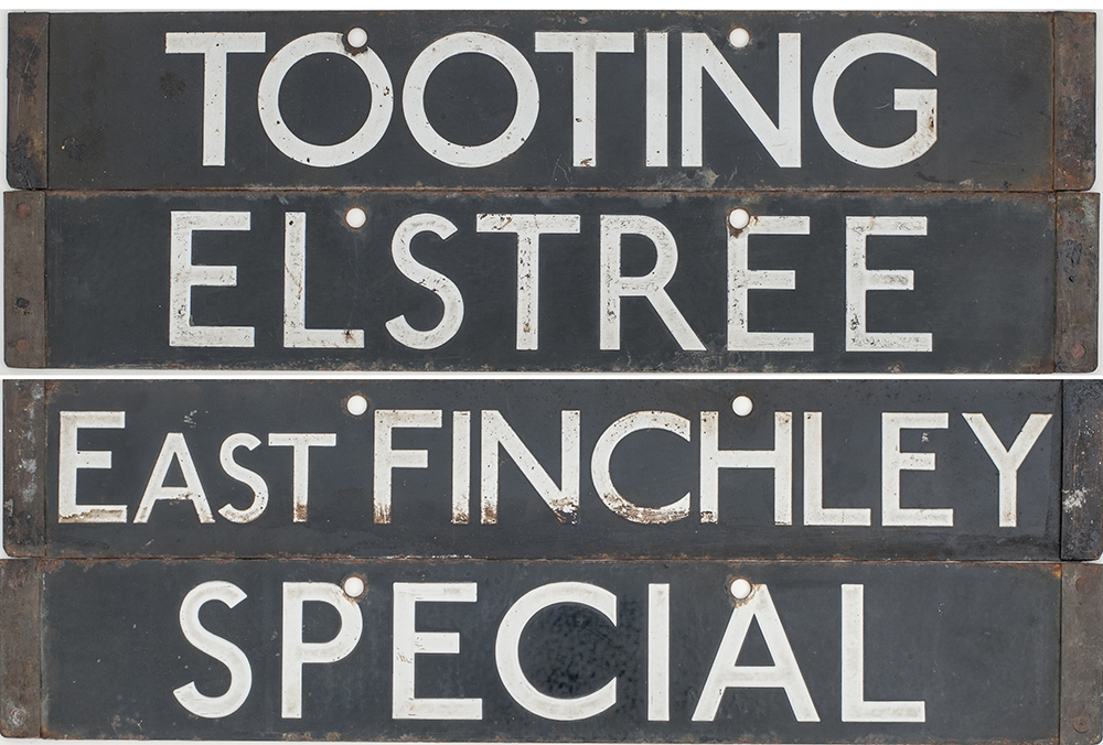 A pair of London Underground tube stock destination enamels TOOTING/EAST FINCHLEY and ELSTREE/