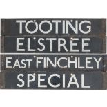 A pair of London Underground tube stock destination enamels TOOTING/EAST FINCHLEY and ELSTREE/