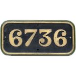 GWR cast iron cabside numberplate 6736 ex Collett 0-6-0 PT built by The Yorkshire Engine Company