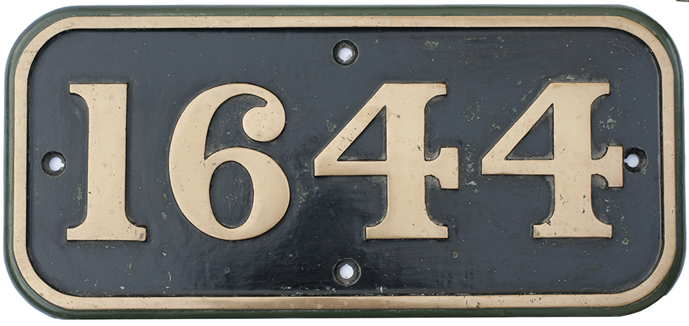 BR-W brass cabside numberplate 1644 ex Hawksworth 0-6-0 PT built at Swindon in 1951 and delivered