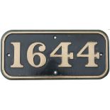 BR-W brass cabside numberplate 1644 ex Hawksworth 0-6-0 PT built at Swindon in 1951 and delivered