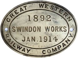 GWR tenderplate GREAT WESTERN RAILWAY COMPANY SWINDON WORKS 1892 JAN 1914 3500 GALLONS from a