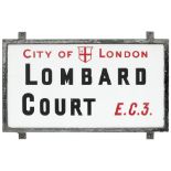 Motoring road street sign CITY OF LONDON LOMBARD COURT EC3. China glass with original zinc plated